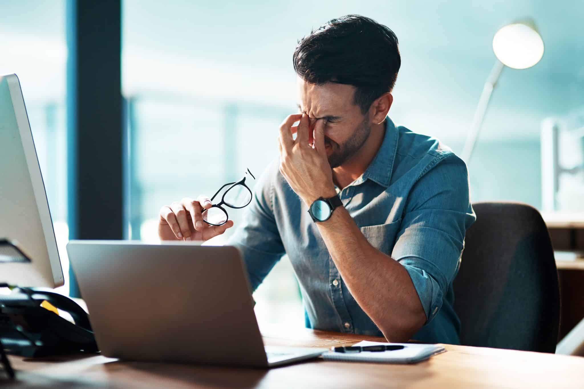 eye,strain,,headache,and,business,man,at,laptop,with,stress,