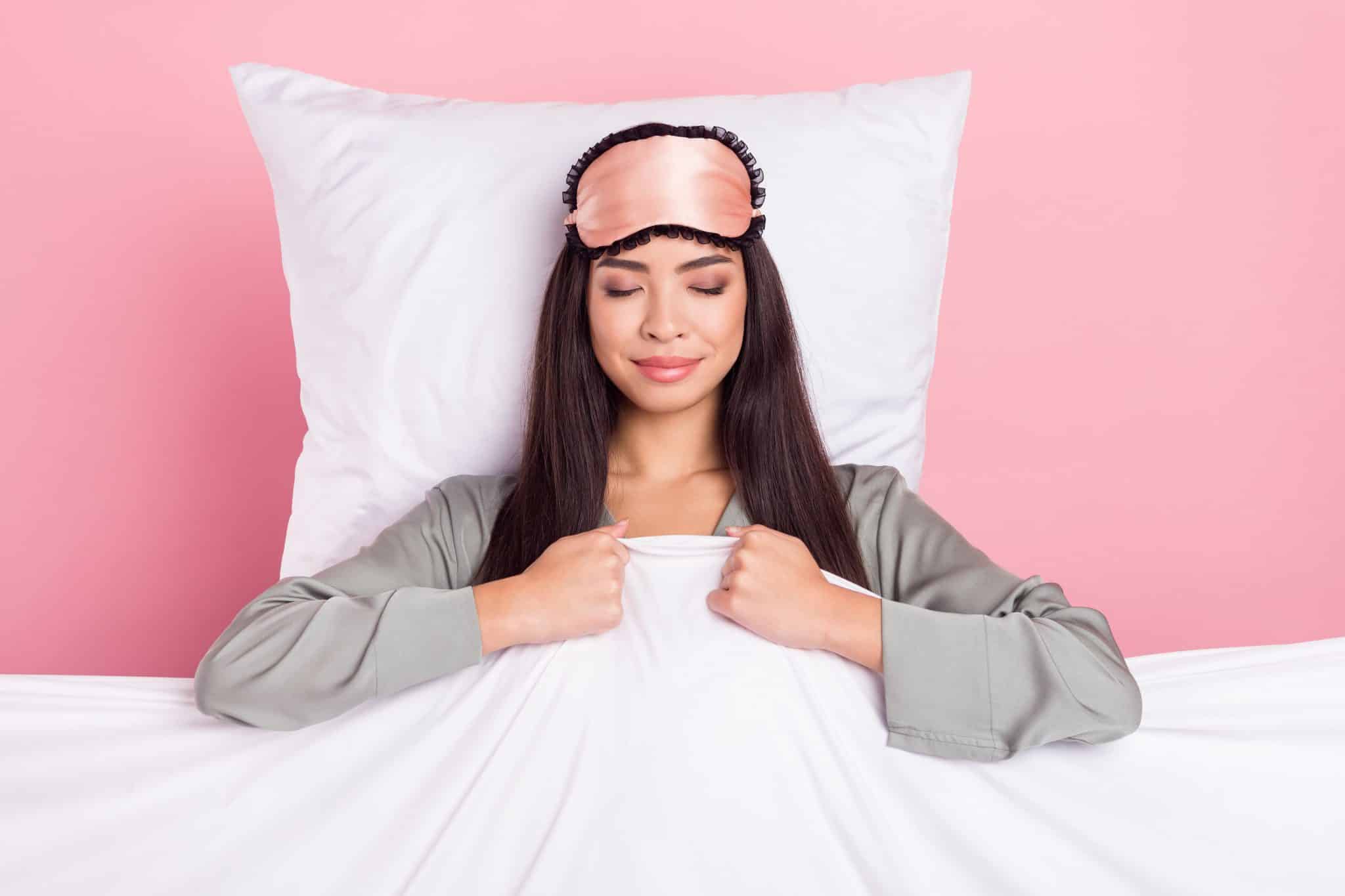 photo,of,cute,shiny,lady,sleepwear,mask,lying,pillow,covered